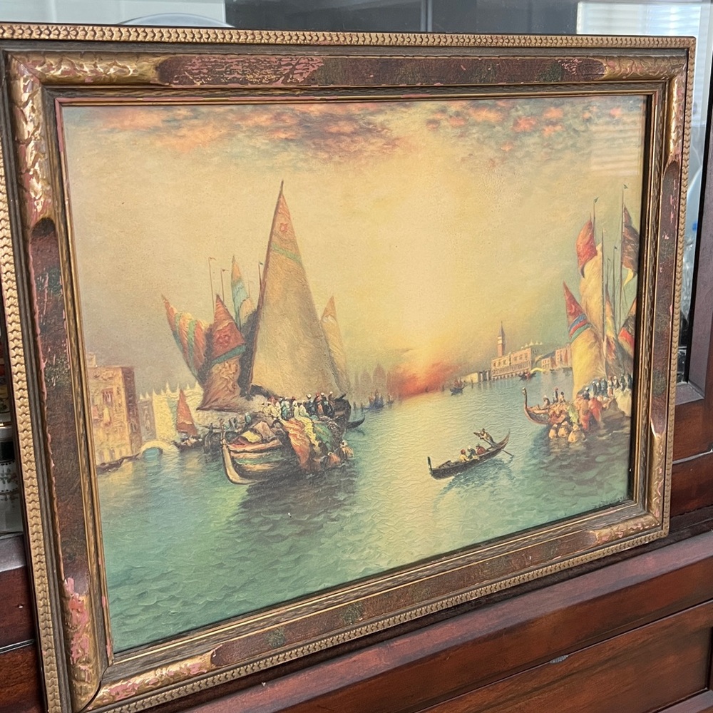 Framed Venetian Harbor Sailboat Painting in Teal and Gold - Picture 9 of 12